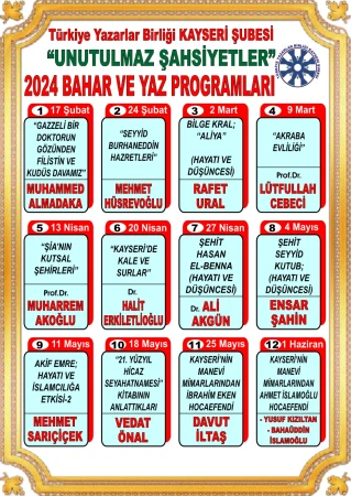 TYB Kayseri Şubesi'nin 2024 Yılı "Unutulmaz Şahsiyetler" bahar ve yaz etkinlik programları yayınlandı. slide image